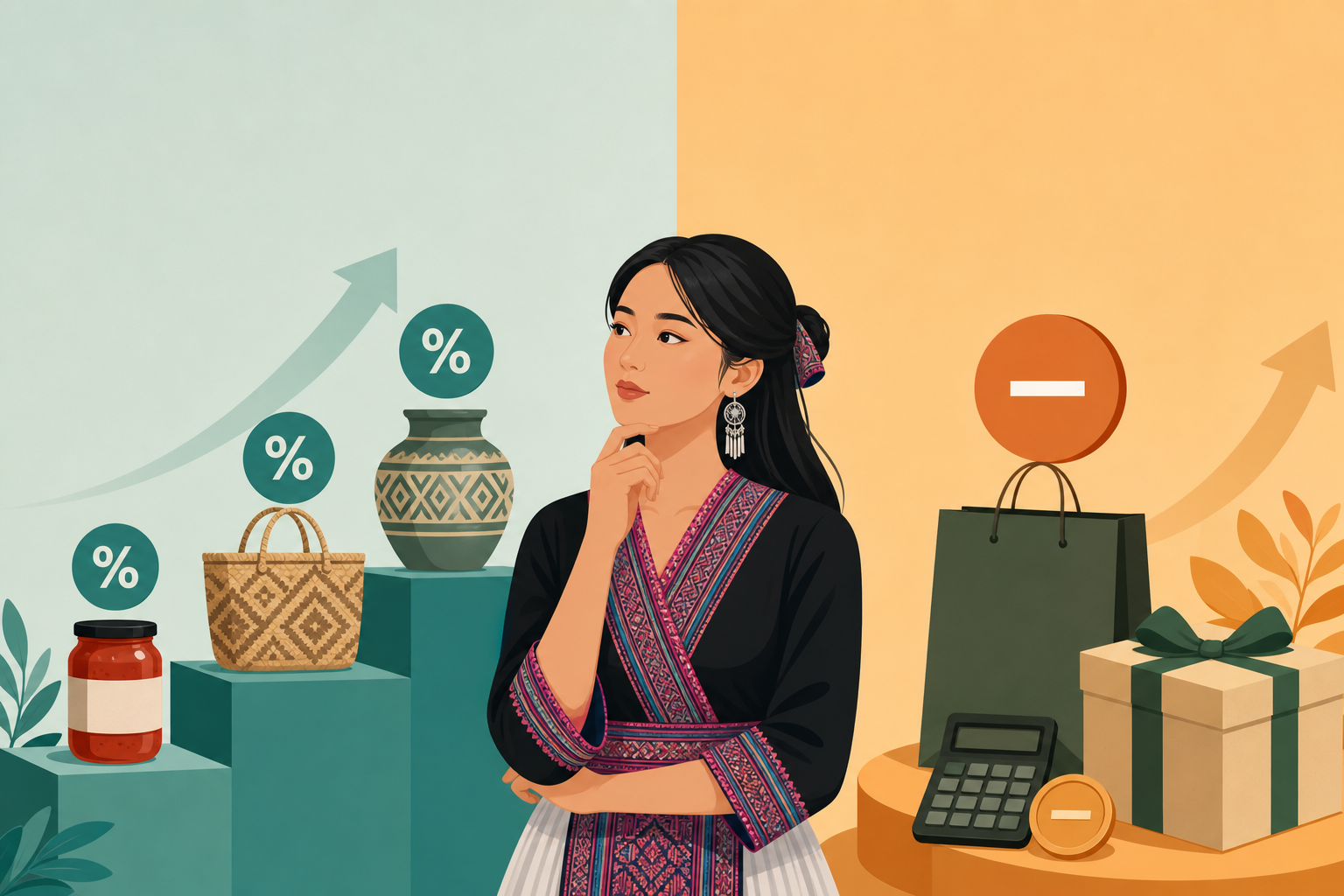 A thoughtful woman in traditional embroidered attire stands between rising percentage icons over handmade goods and a shopping bag with gift box, illu