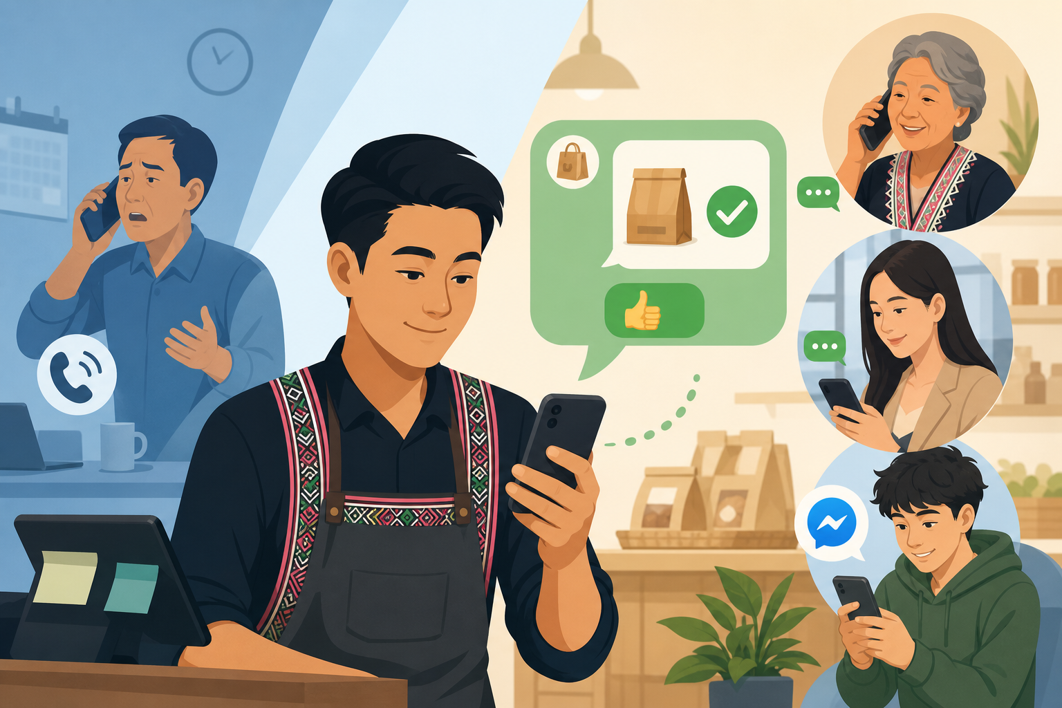 Illustration contrasting a stressed shopkeeper answering phone calls with a smiling clerk using a smartphone to confirm orders via chat, showing techn