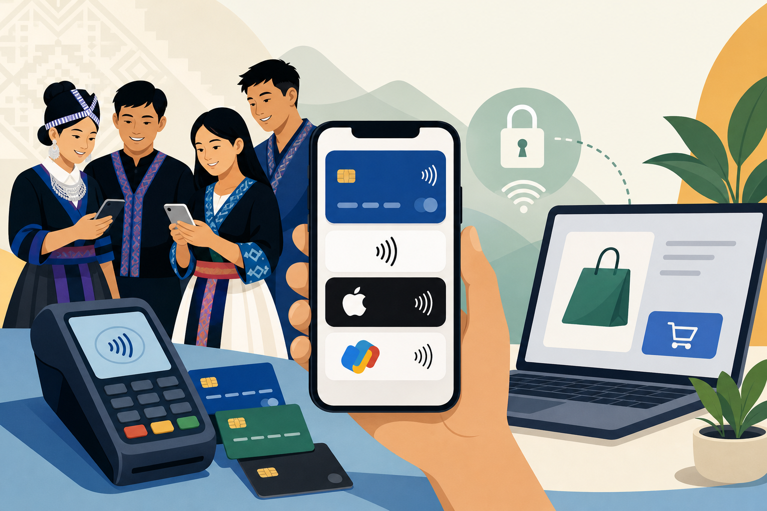 Illustration showing a hand holding a smartphone with contactless payment icons, a card terminal, and a laptop shopping cart, illustrating ecommerce p