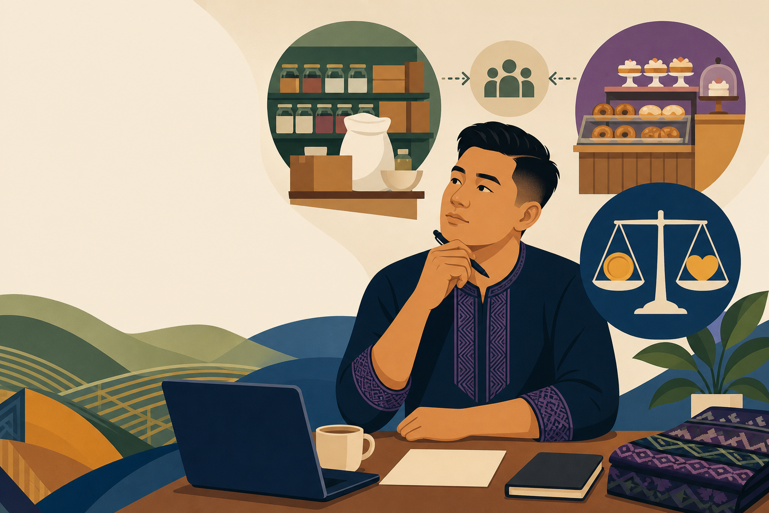 Illustration of a thoughtful man in traditional embroidered attire at a laptop, surrounded by icons of a pantry, bakery display, customer figures, and