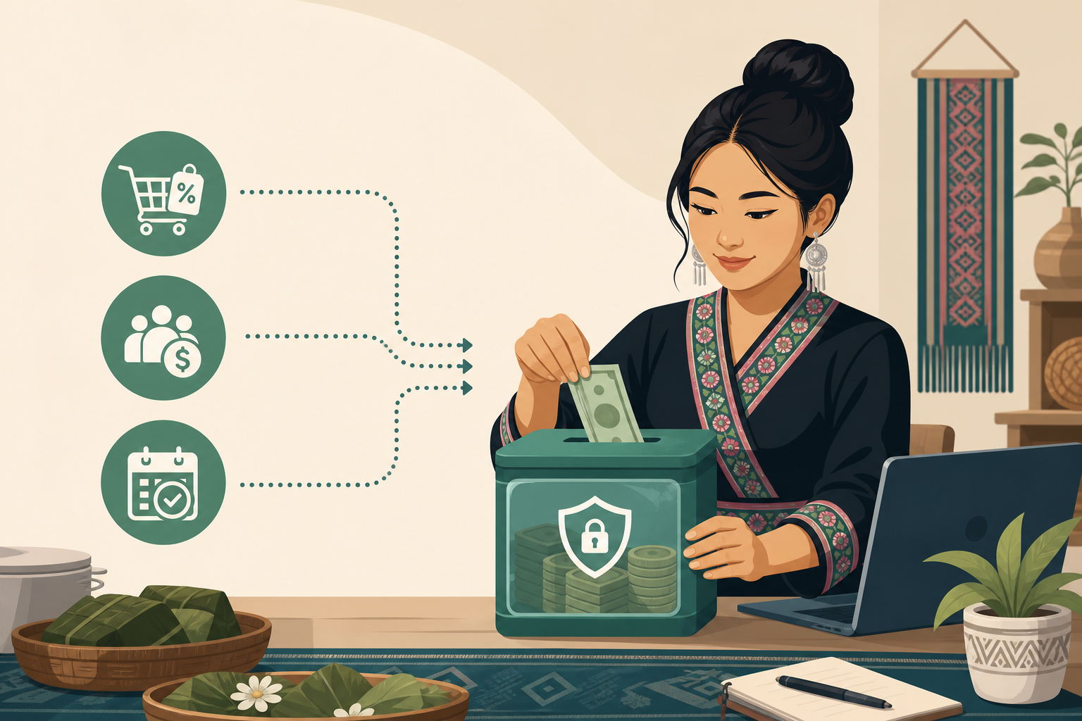 Illustrated woman in traditional embroidered attire deposits cash into a locked savings box beside icons for discounts, referrals, and scheduling, sym