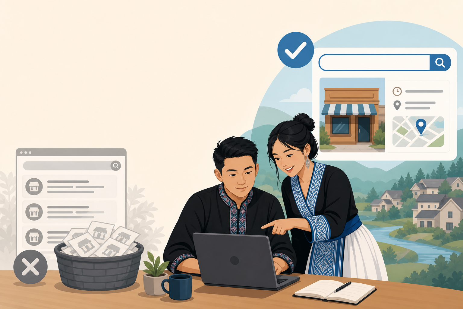 Illustration of a couple in traditional attire reviewing a laptop displaying a storefront search result, symbolizing small business website SEO basics