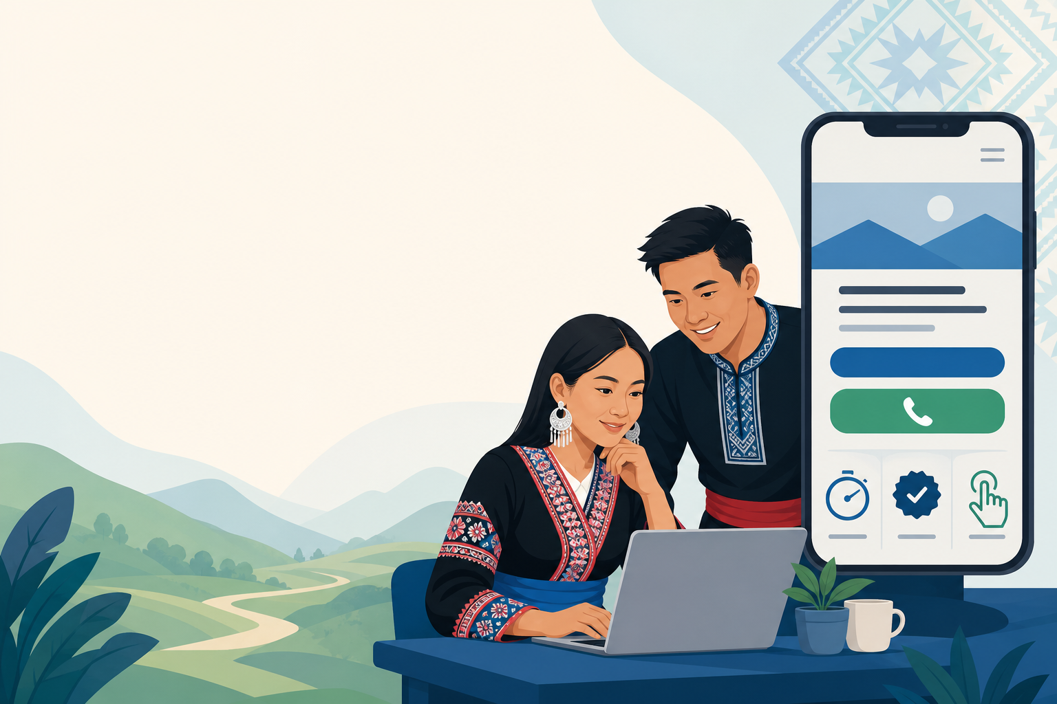 Illustration of a couple in traditional Hmong embroidered attire browsing a laptop beside a smartphone displaying call and verification icons, represe