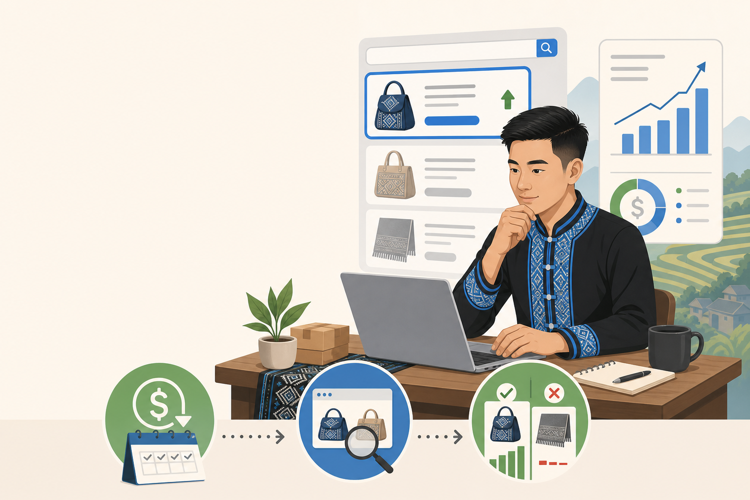 Illustration of a man in traditional embroidered attire analyzing product listings and sales charts on a laptop, representing Google Merchant Center f