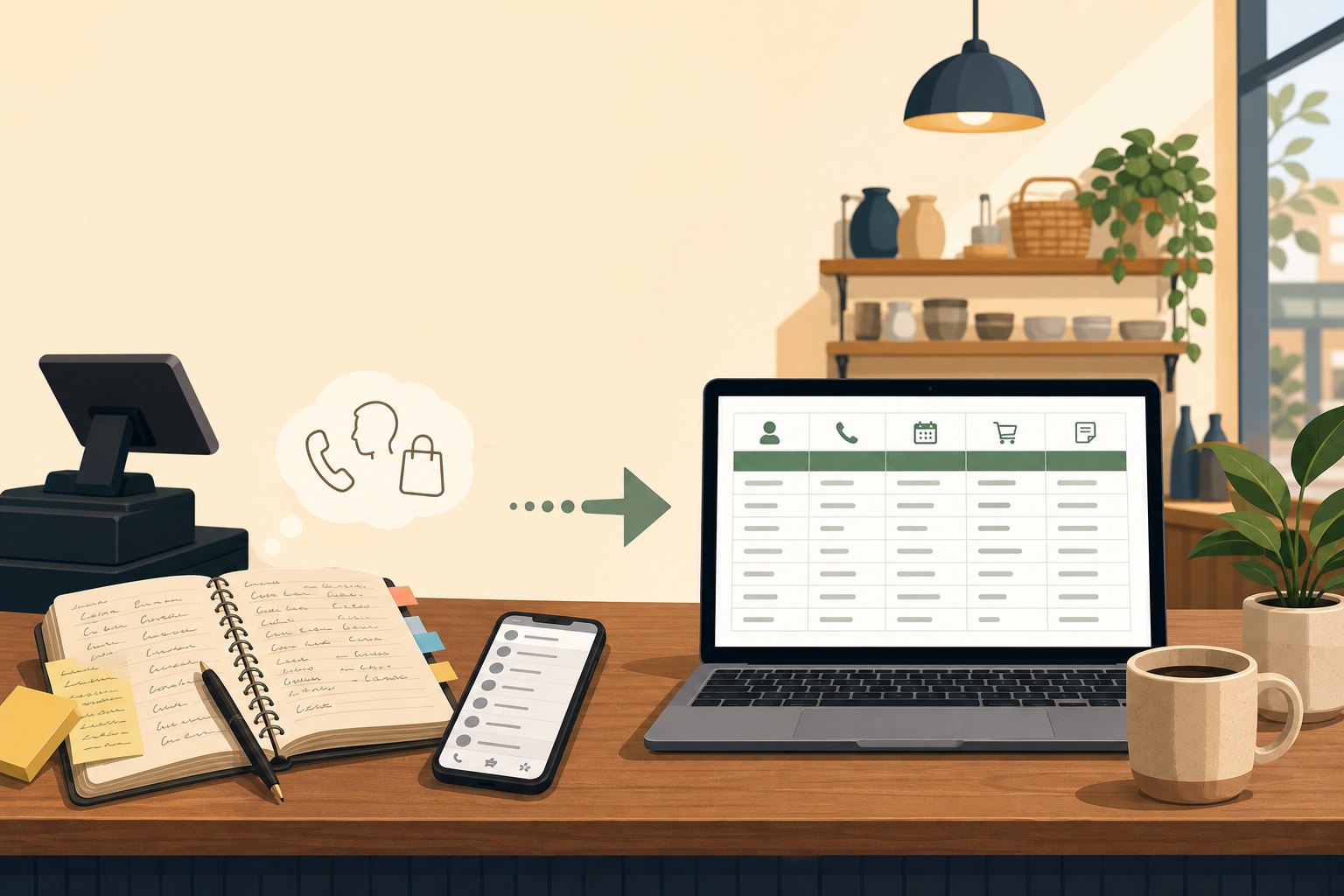 Illustration of a shop desk showing a handwritten notebook and phone transitioning via an arrow into a laptop spreadsheet, symbolizing technology tool