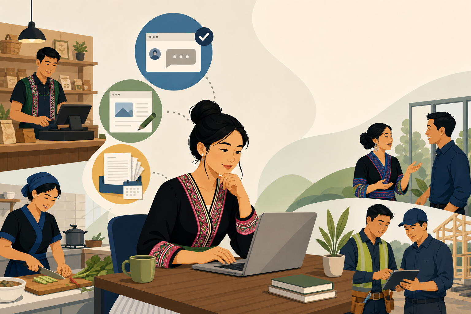 Illustration showing a woman in traditional embroidered attire using a laptop surrounded by icons for messaging, content editing, and scheduling, with