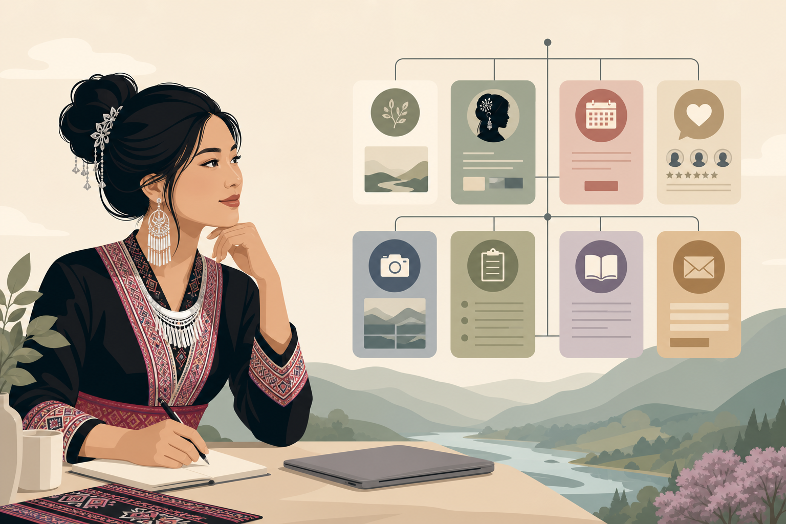 Illustration of a woman in traditional embroidered attire writing at a desk while a website sitemap with icons for photos, reviews, and contact appear