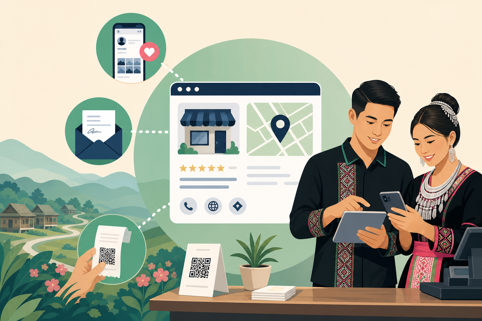 Illustration showing a couple in traditional attire viewing a phone and tablet beside icons for social media, email, and QR receipts, with a storefron