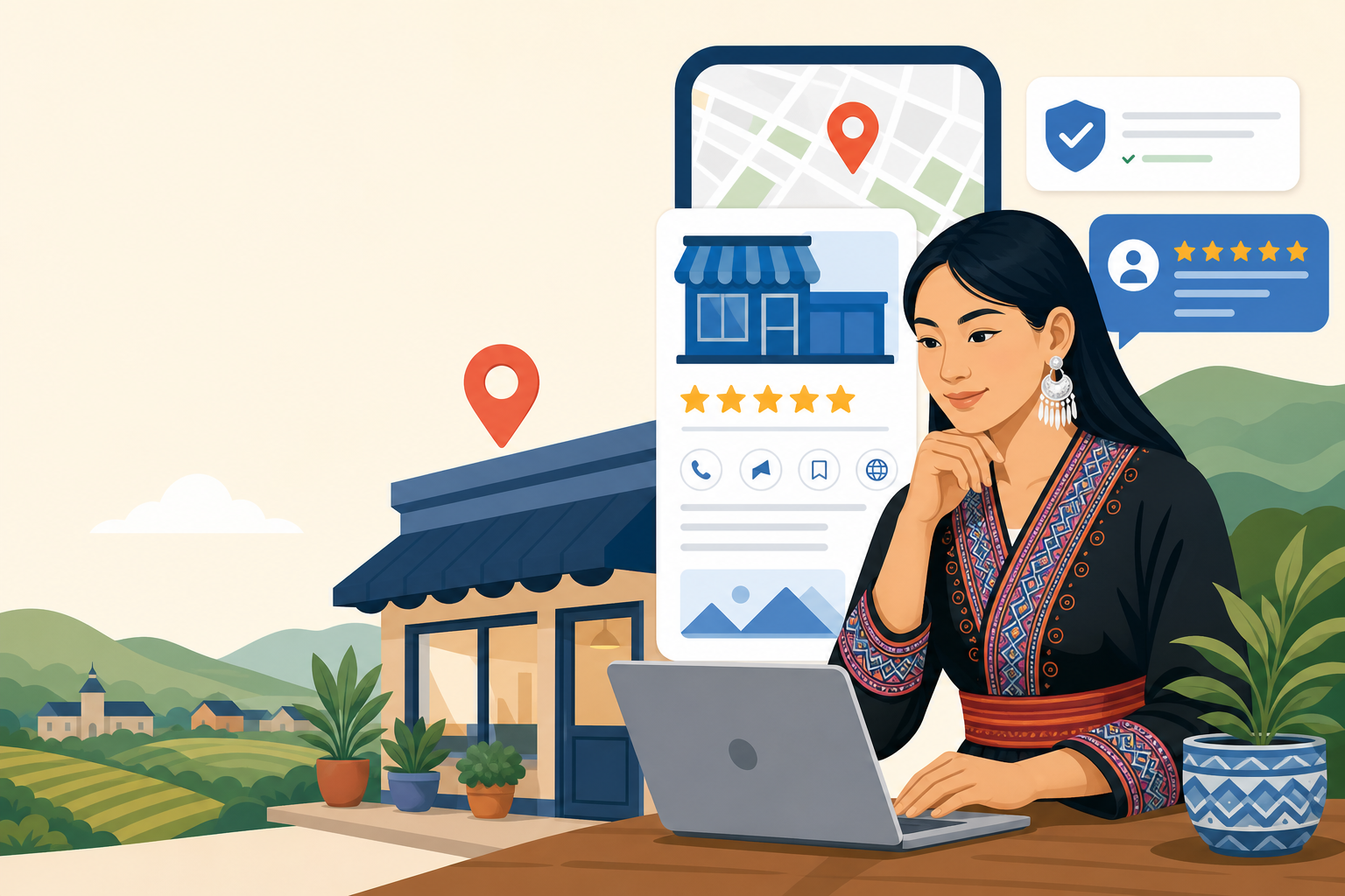 Illustration of a woman in traditional Hmong attire using a laptop beside a storefront map listing with five-star reviews, symbolizing strategies to g