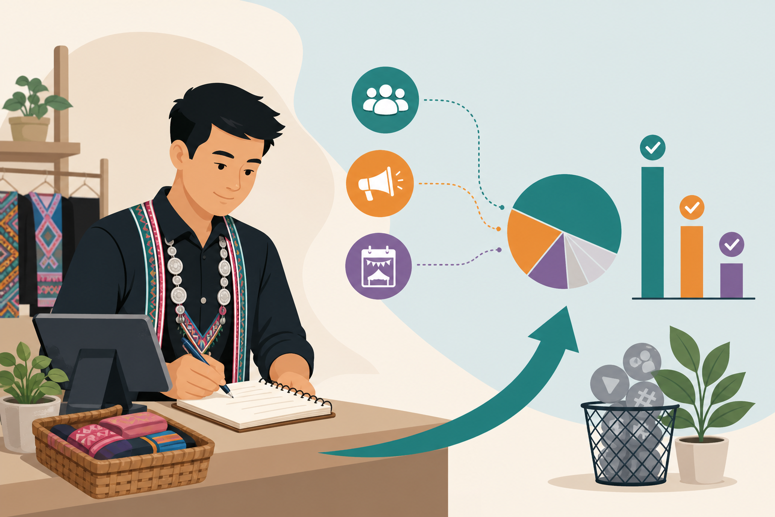 Illustration of a shop owner wearing traditional textile accents writing notes beside a pie chart, growth arrow, and icons representing Hmong-owned bu