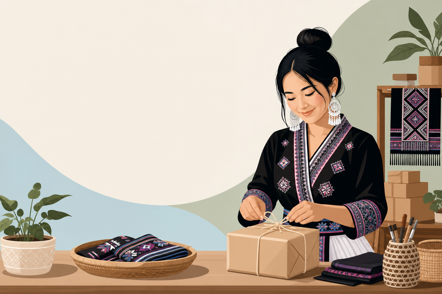 Illustration of a woman in traditional embroidered attire tying twine on a kraft paper package beside folded textiles and woven baskets, styled for a