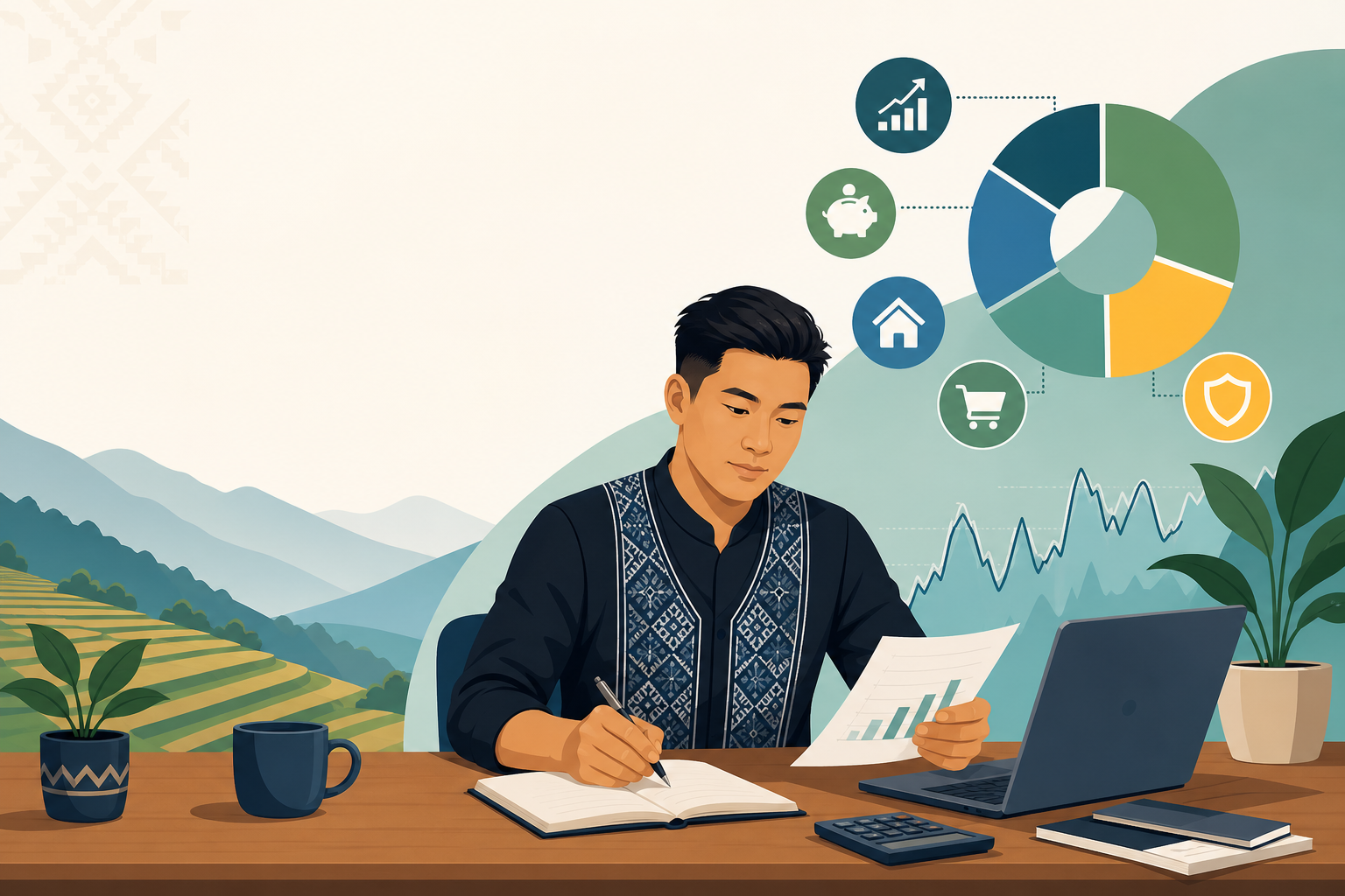 Illustrated man in traditional embroidered attire reviewing charts and writing notes at a desk with a laptop, calculator, and pie chart icons represen