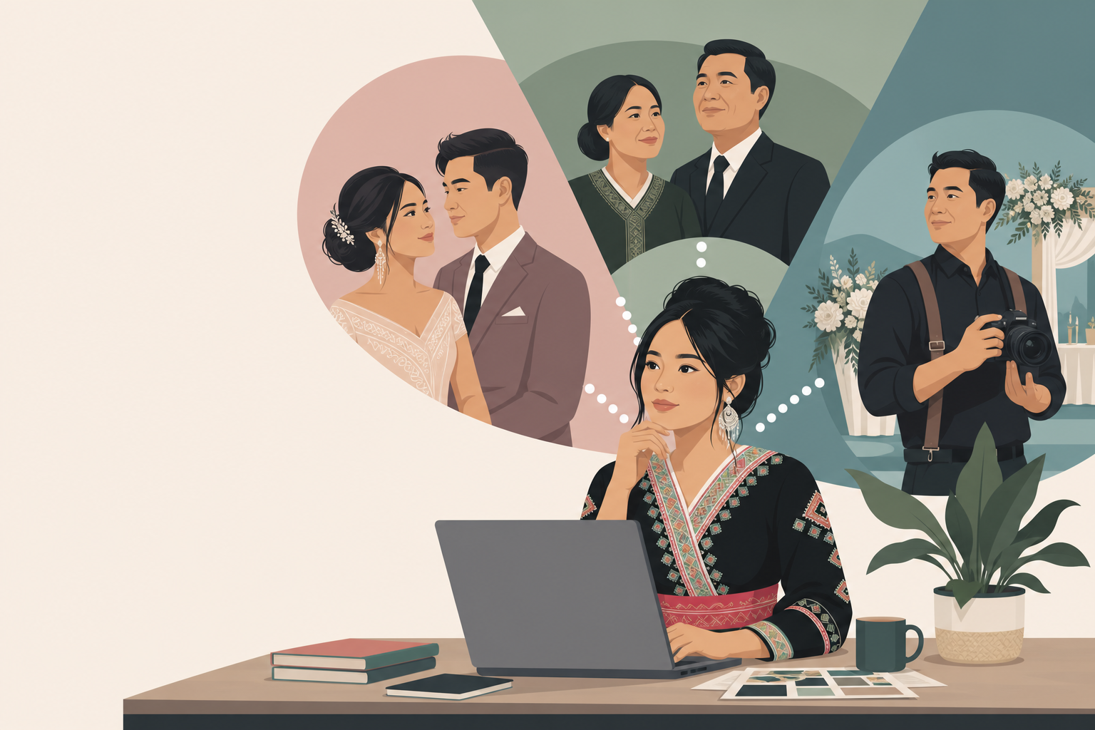 Illustration of a woman in traditional attire working on a laptop while envisioning wedding scenes with a bride and groom, an older couple, and a phot