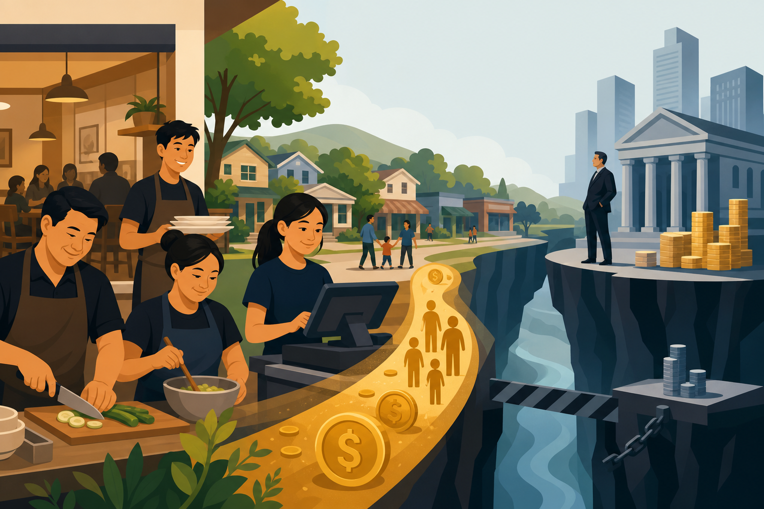 Illustration contrasts a small-town restaurant staffed by workers preparing food and running a register, connected by a golden money-and-people path a