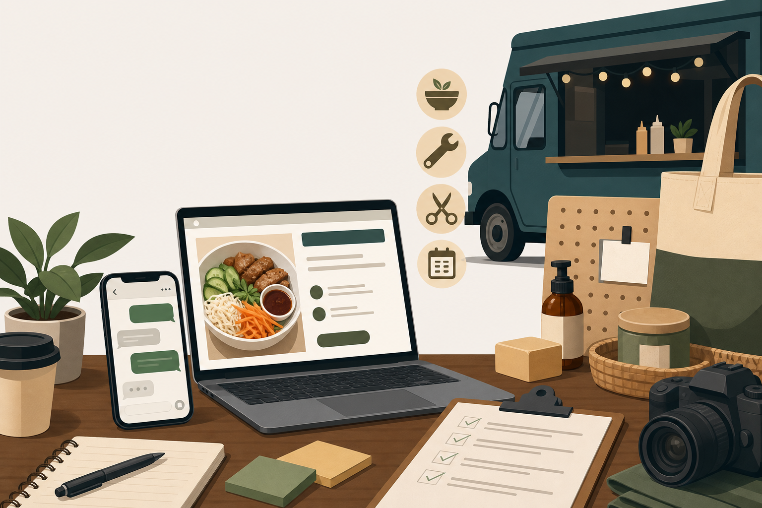 Illustrated workspace with a laptop showing a food menu, smartphone messages, checklist, camera, and a food truck, representing AI tools for small bus