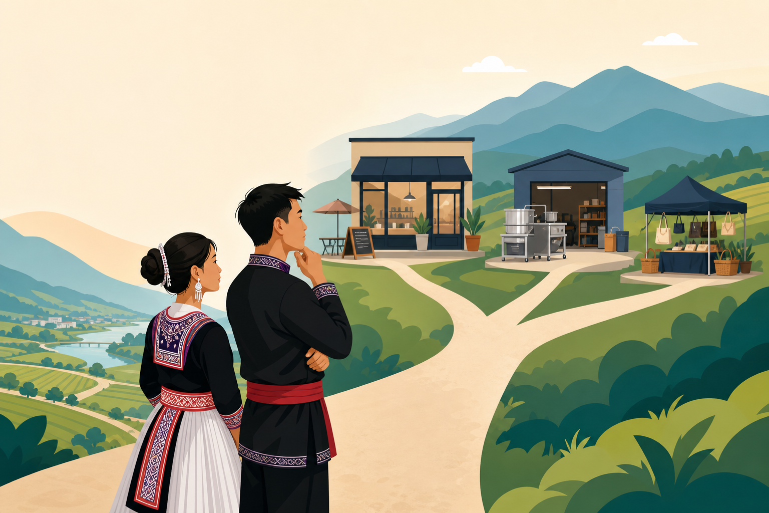 Illustrated couple in traditional Hmong attire stand at a forked path overlooking a storefront, workshop, and market stall, symbolizing how to choose