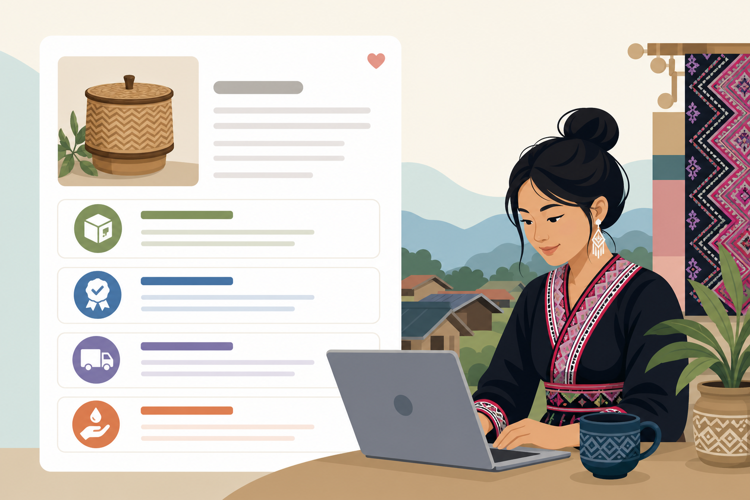 Illustration of a woman in traditional embroidered attire using a laptop beside a product listing panel that reflects an item description policy with 