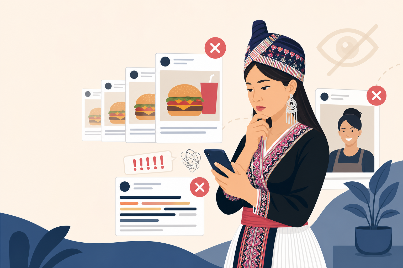Illustration of a woman in traditional headwear and embroidered attire looking skeptically at her phone amid crossed-out ad cards and burger promotion