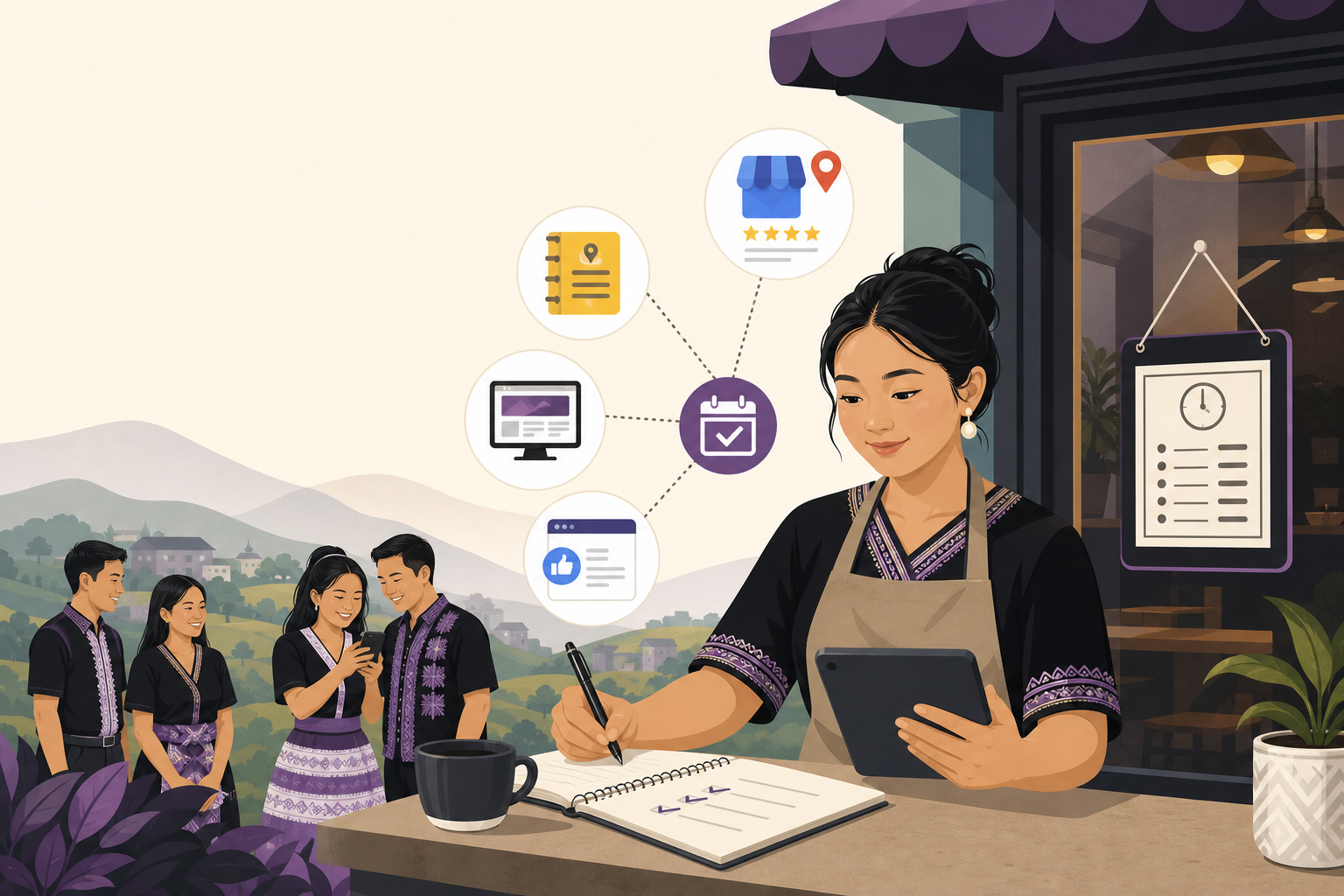 Illustration of a shop owner in traditional attire updating a checklist and tablet beside icons for reviews, listings, website and social media, symbo