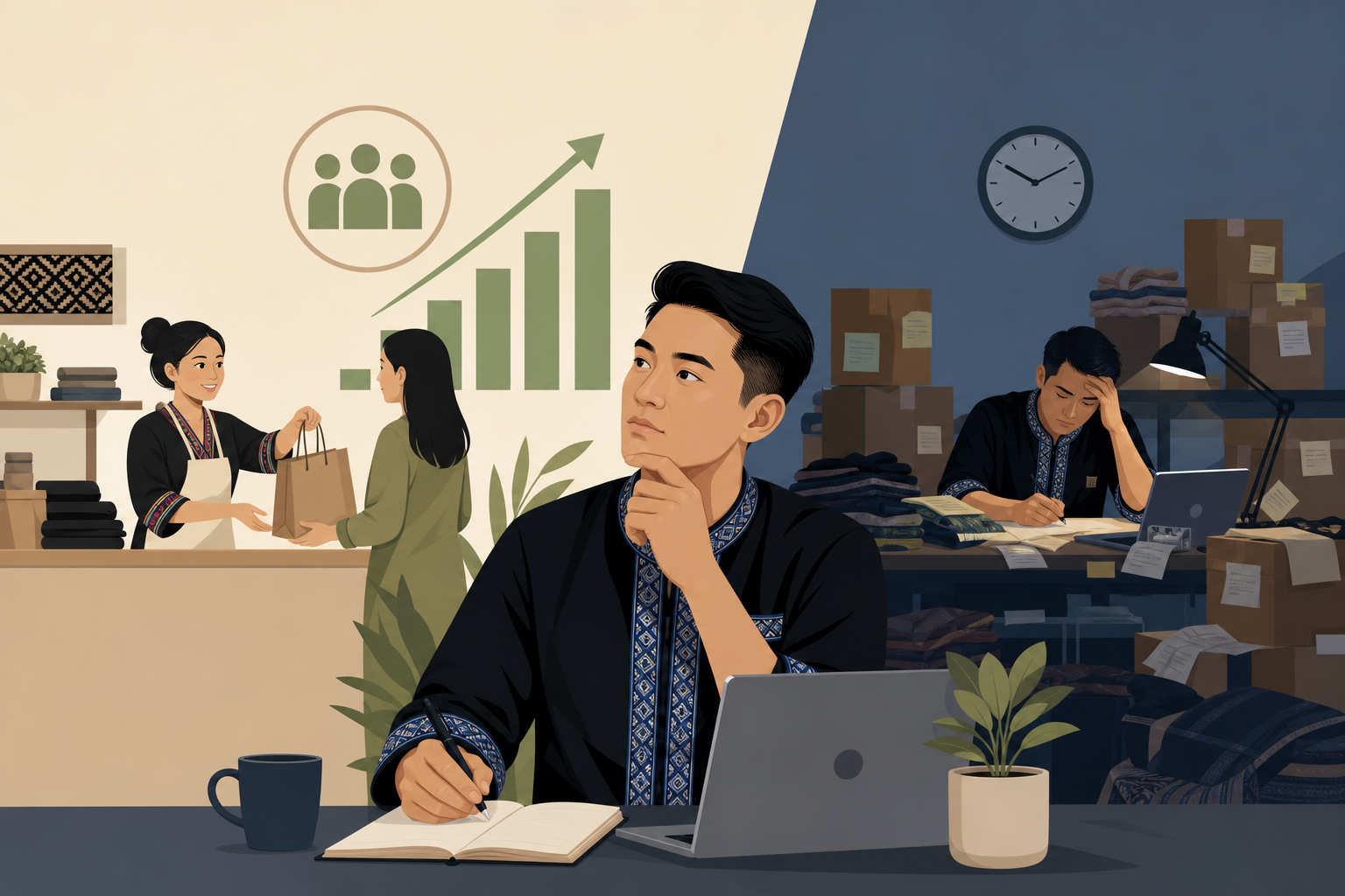 Split-scene illustration contrasting a bright daytime shop with a rising sales graph and a dimly lit nighttime workspace stacked with boxes, symbolizi