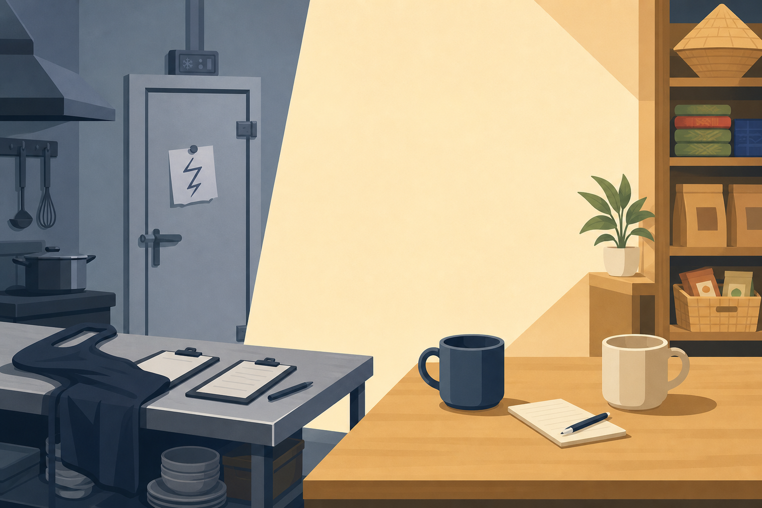 Illustration split between a dim cold-storage kitchen with clipboards and utensils and a warm pantry corner with mugs, a notepad, and shelved supplies