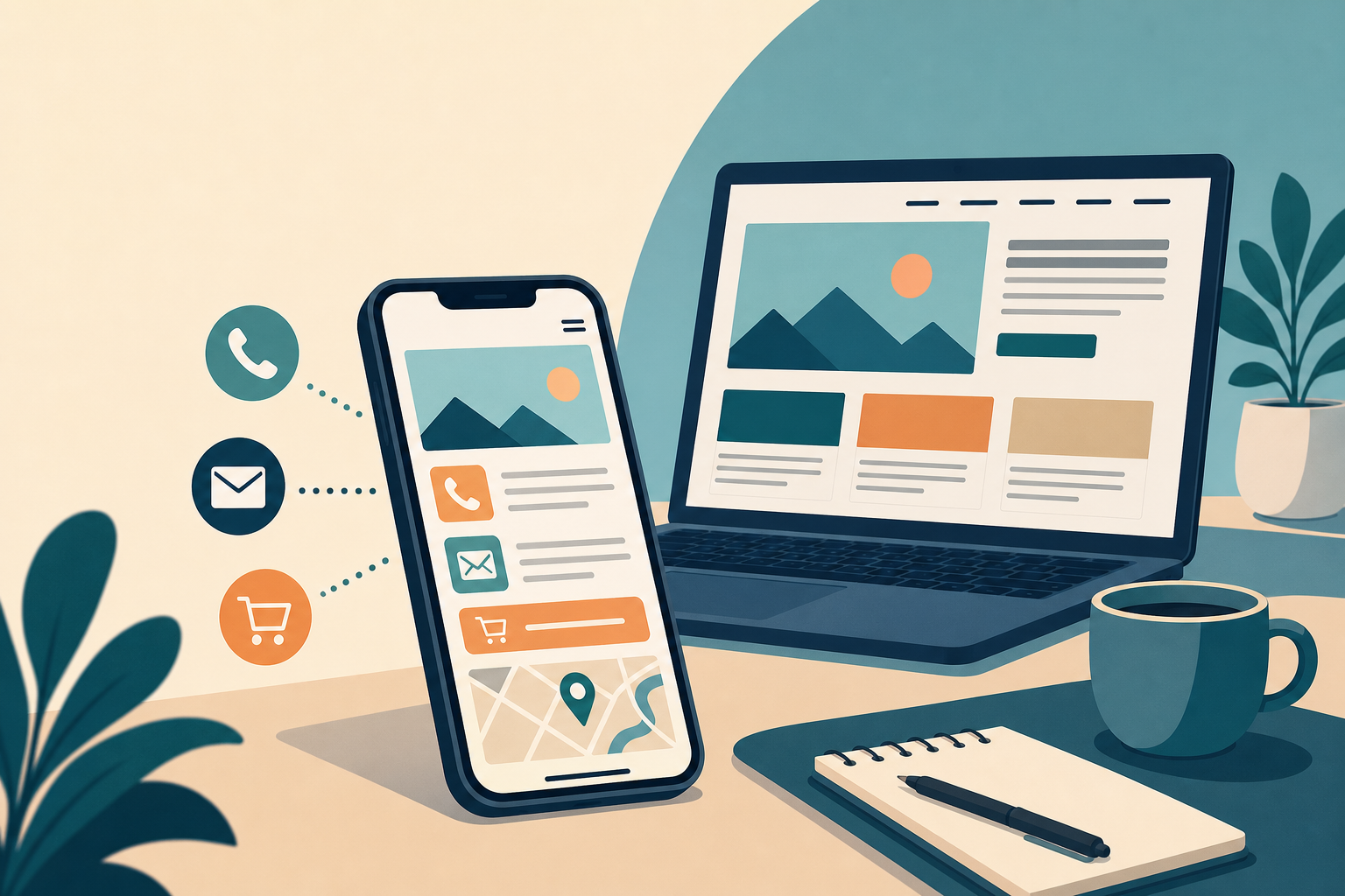 Flat-design illustration of a smartphone and laptop displaying matching website layouts with phone, email, and cart icons, surrounded by a notebook, p