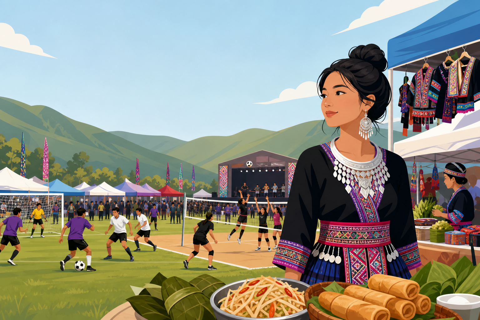 A woman in traditional silver jewelry and embroidered attire stands beside food stalls at a festival grounds with soccer and volleyball games in progr