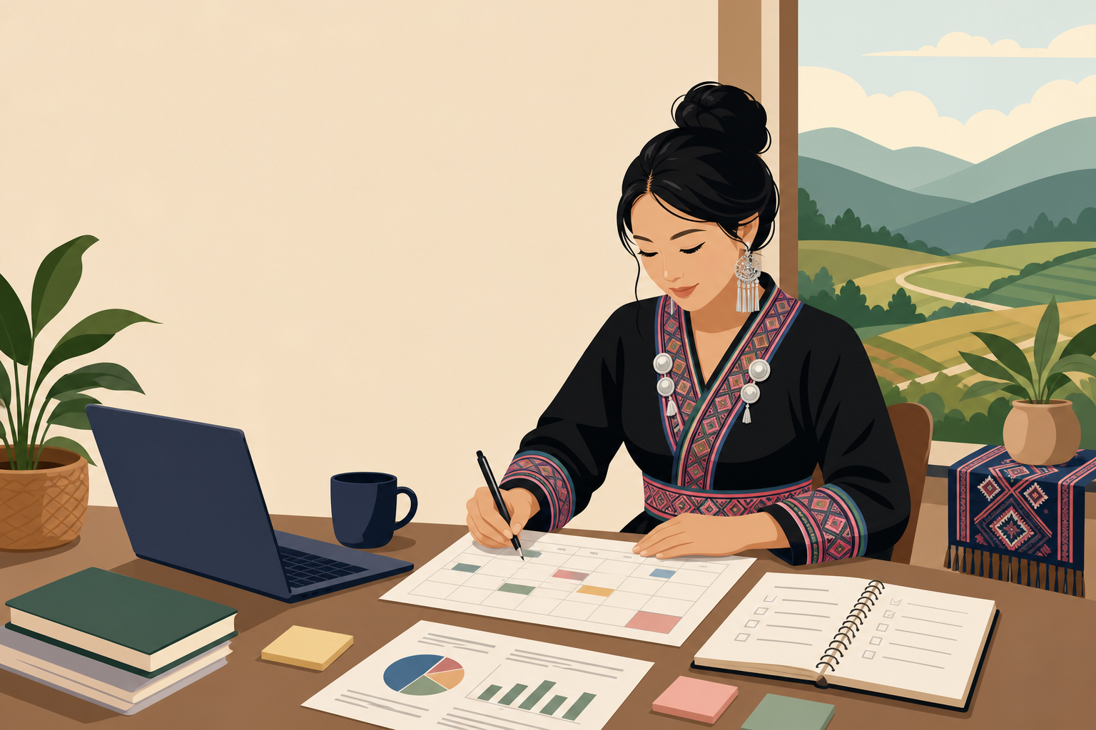 Illustration of a woman in traditional embroidered attire writing on a calendar chart at a desk with a laptop, notebook, and pie chart, representing q