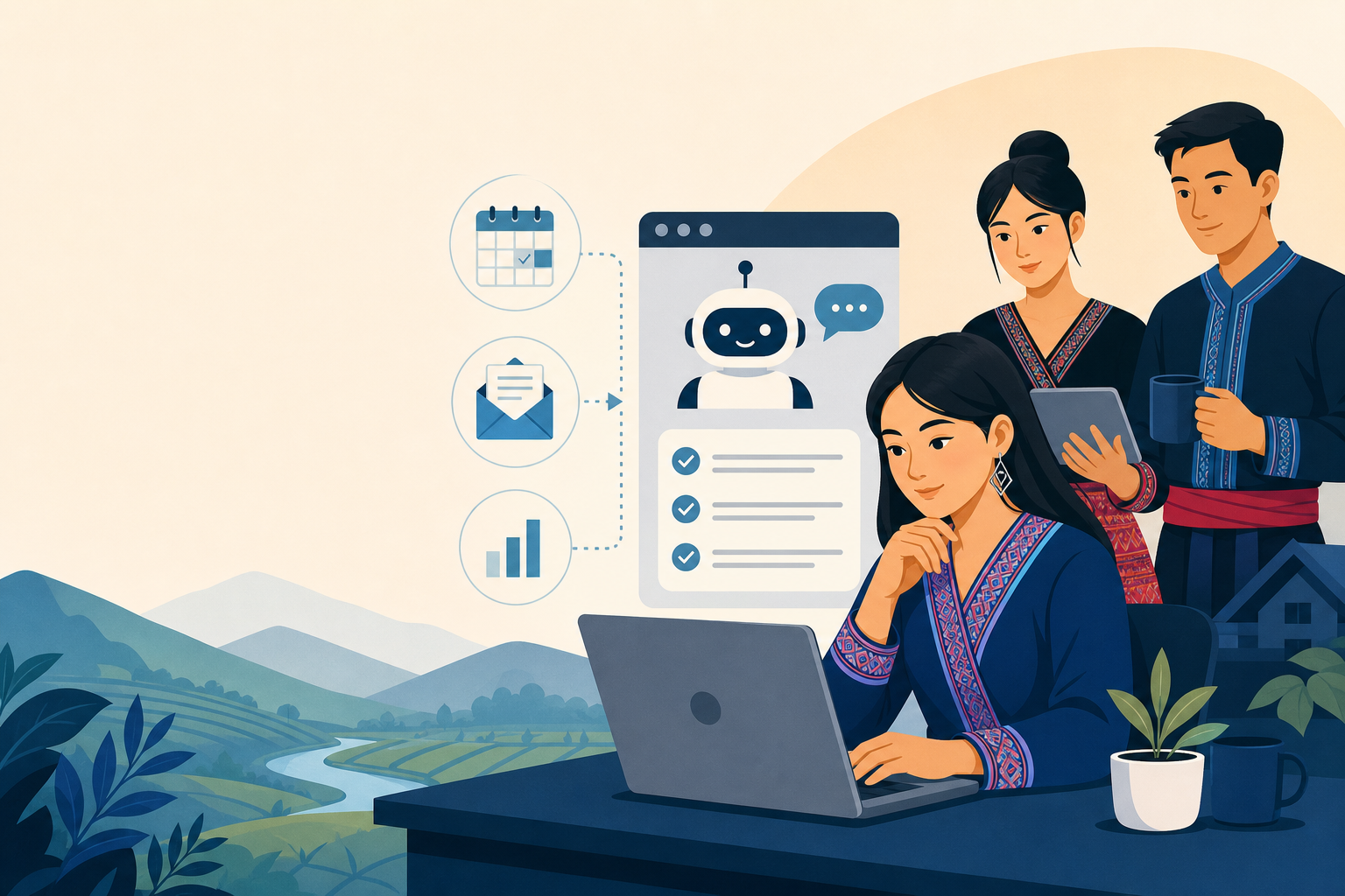 Illustration of three people in traditional attire using a laptop and tablet beside icons of a calendar, email, and chart connected to a chatbot inter