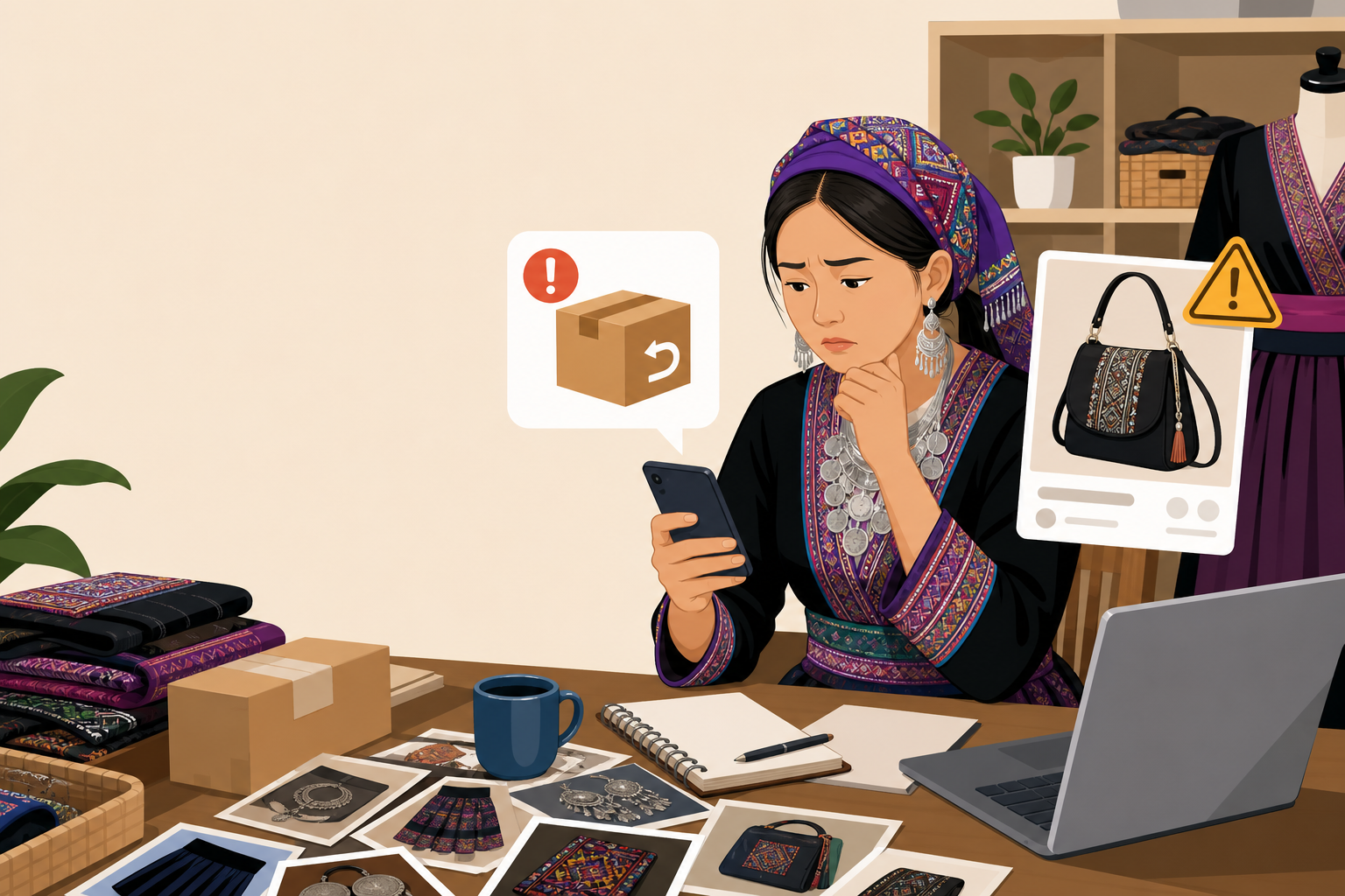 A woman in traditional embroidered attire and silver jewelry examines her phone with a worried expression at a desk covered in fabric samples, jewelry