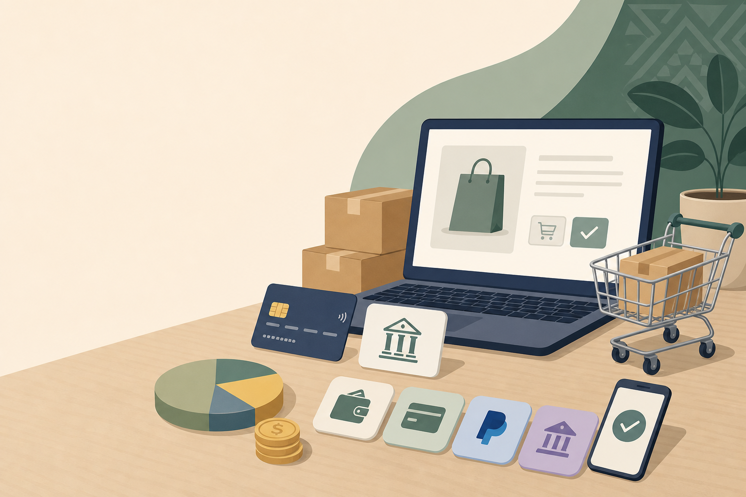 Illustrated desk scene showing a laptop with a checkout screen, credit card, bank and wallet icons, a smartphone, shopping cart, packages, coins and a
