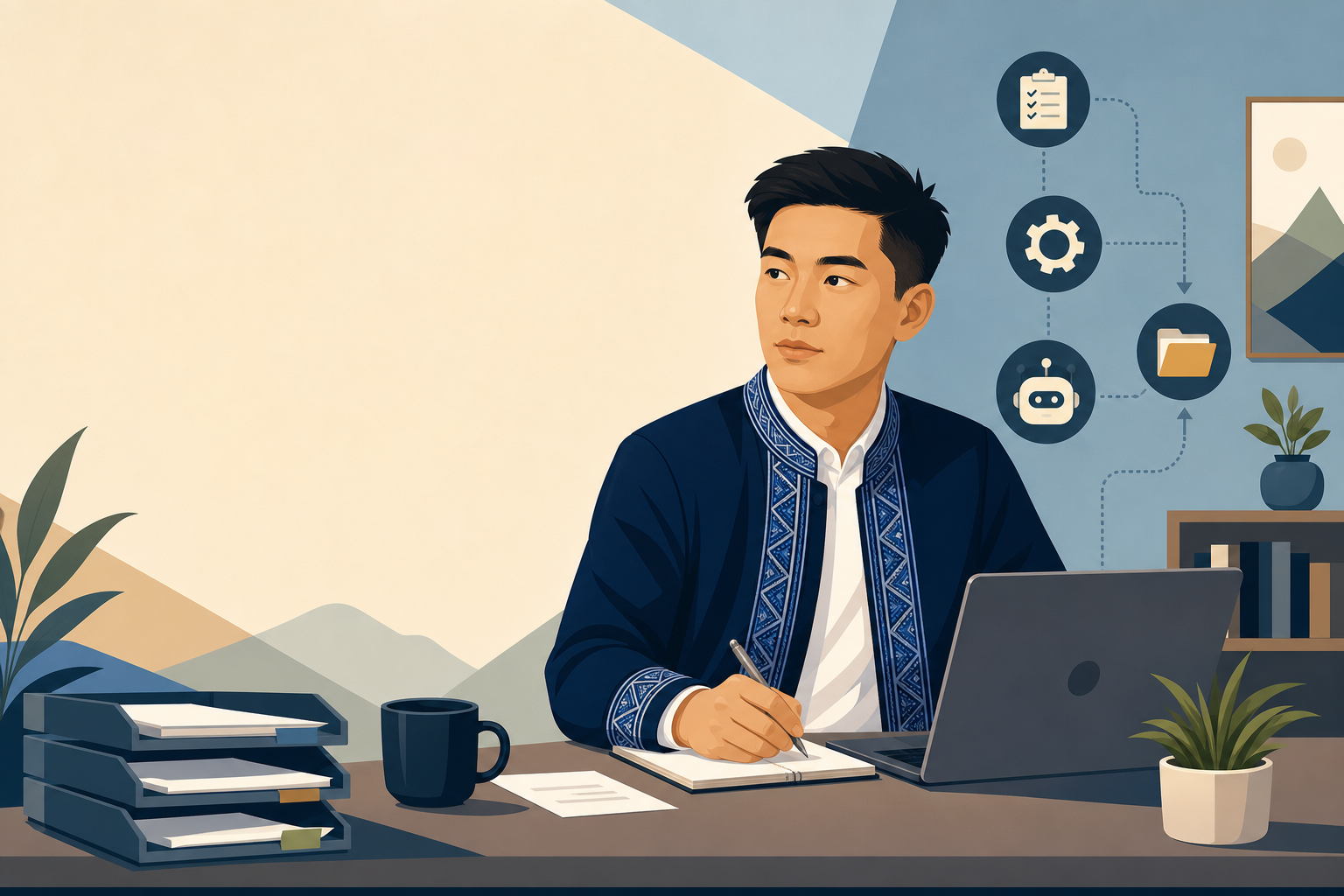 Illustration of a young man in traditional embroidered attire writing notes beside a laptop, with icons representing checklists, gears, robots, and fi