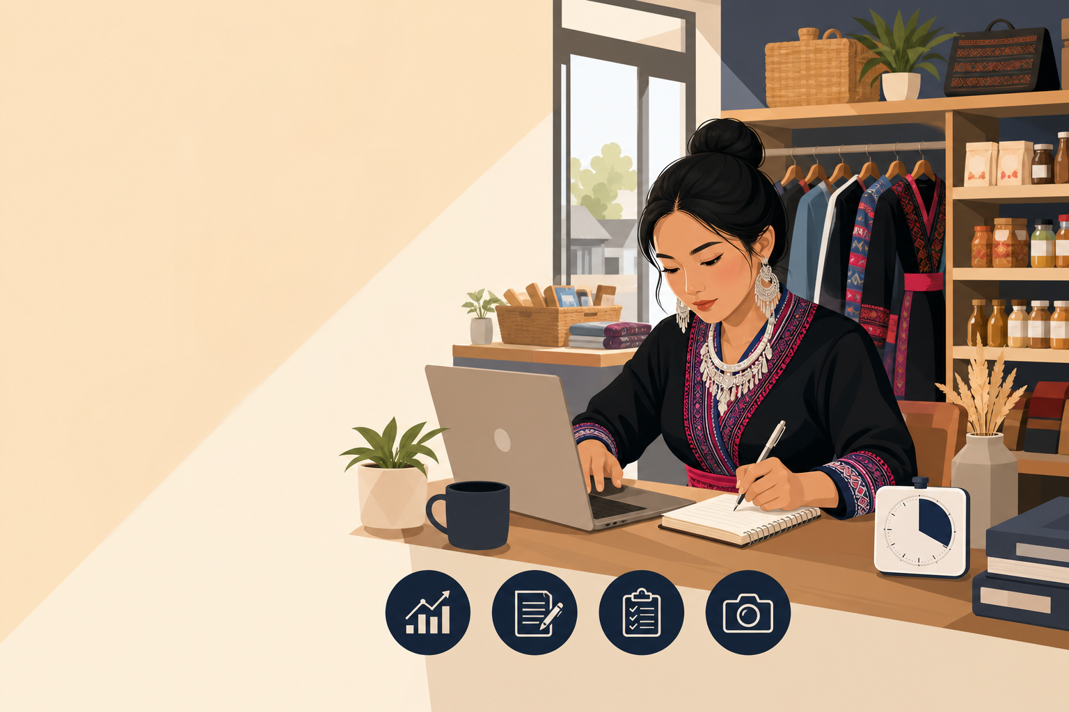 Illustrated woman in traditional embroidered attire works at a laptop and notebook in a boutique shop, surrounded by icons representing growth, planni
