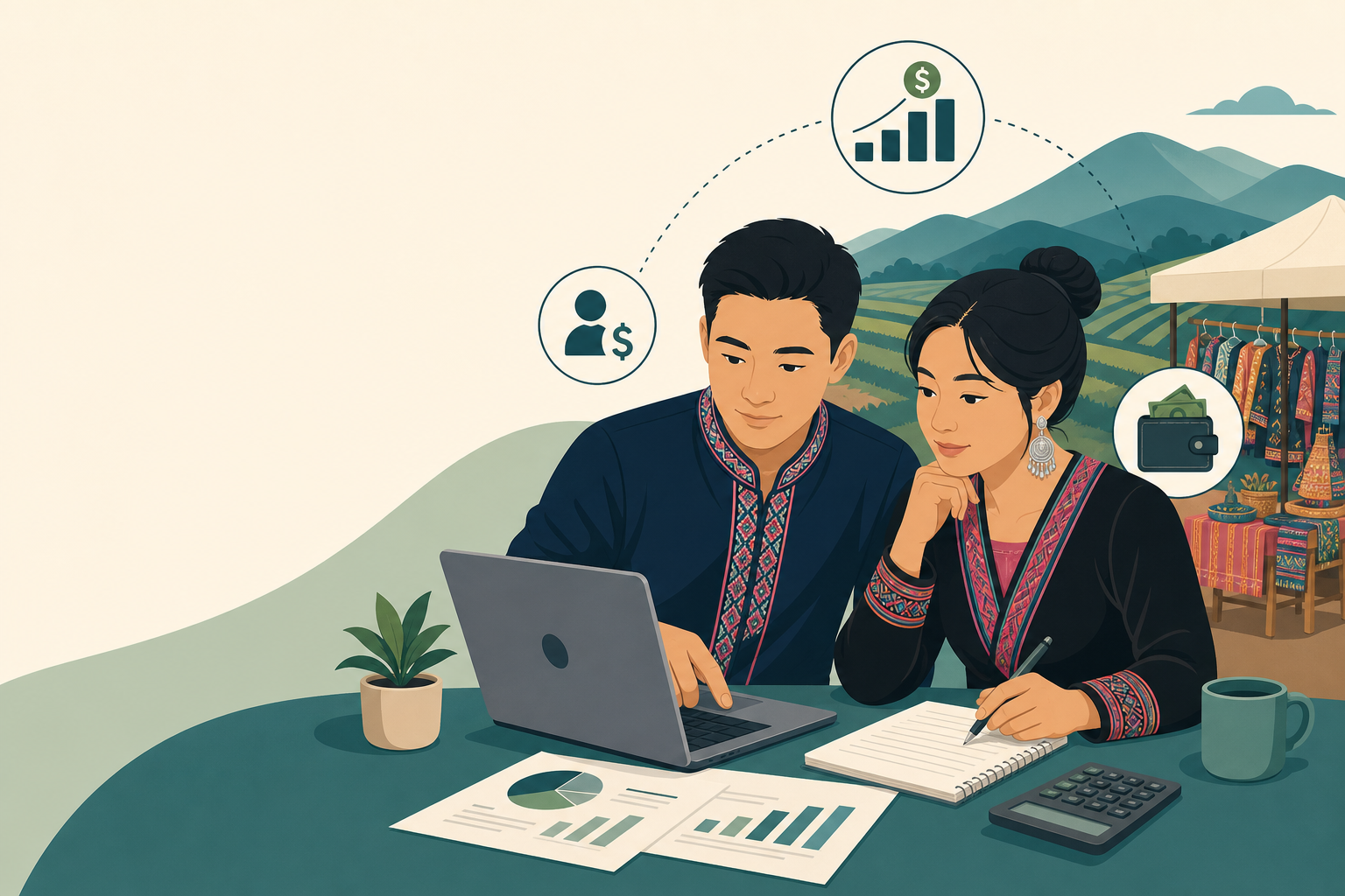 Illustration of a couple in traditional embroidered attire reviewing charts and a laptop at a table, applying small business budgeting strategies with