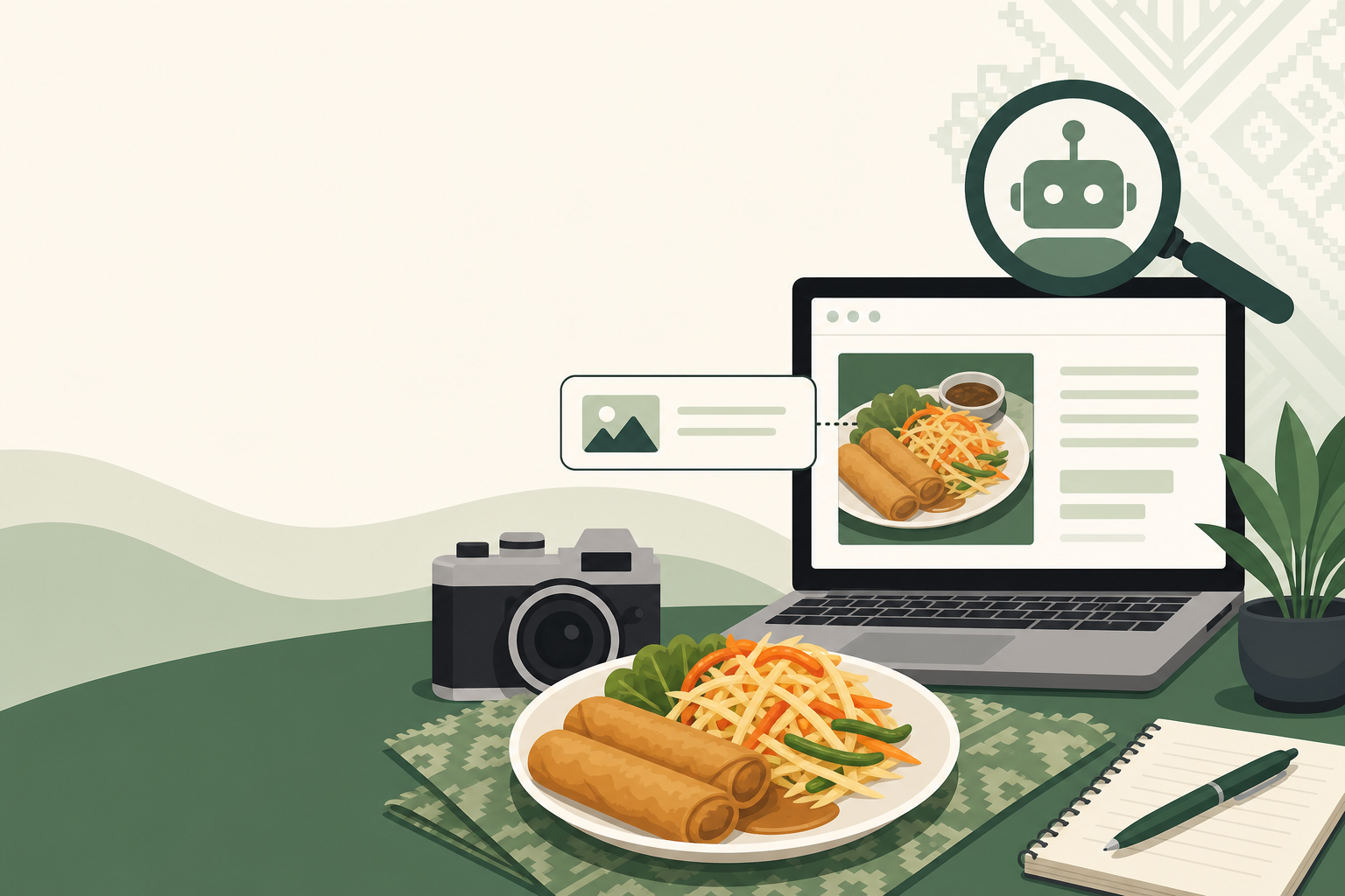 Illustration of a plated spring roll and vegetable dish beside a camera, laptop displaying a matching food photo, and a magnifying glass with a robot