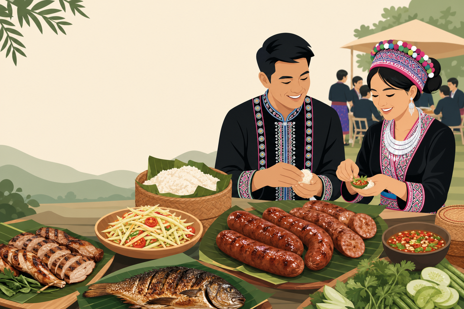 Illustration of a couple in traditional Hmong embroidered attire sharing sticky rice, grilled fish, papaya salad, and grilled links that reflect the H
